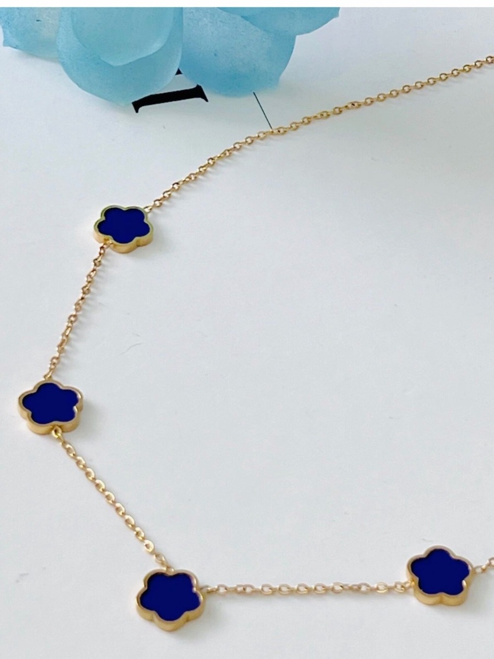 18K Gold Plated Blue Clover Necklace stainless steel Womens jewelry